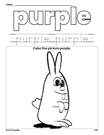 Free bunny color purple coloring page and color worksheet, purple worksheet for preschoolers to learn colors, printable PDF