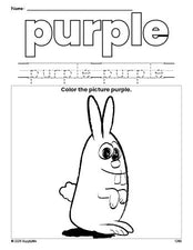 Free bunny color purple coloring page and color worksheet, purple worksheet for preschoolers to learn colors, printable PDF