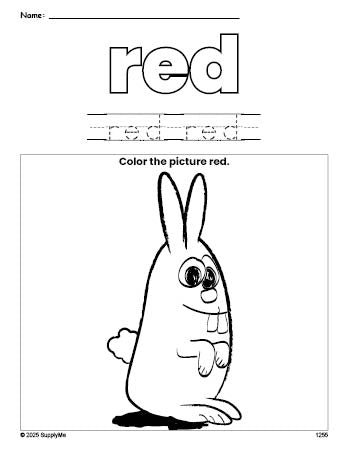 Free bunny color red coloring page and color worksheet, red worksheet for preschoolers to learn colors, printable PDF