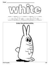 Free bunny color white coloring page and color worksheet, white worksheet for preschoolers to learn colors, printable PDF