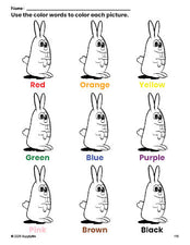 Free bunny coloring page and color worksheet for preschoolers to learn colors, printable PDF