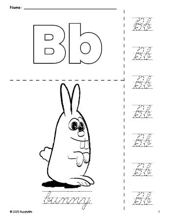 Free printable bunny coloring page and cursive letter tracing worksheet, letter b worksheet for preschool, pre-k, and kindergarten, PDF