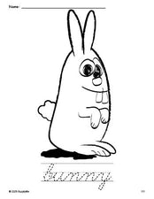 Free printable bunny coloring page and cursive word tracing worksheet, perfect for preschool, pre-k, and kindergarten, PDF