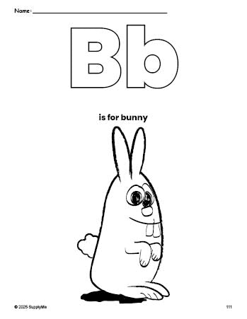 Free printable bunny coloring page, letter b coloring page for preschool, pre-k, and kindergarten, PDF