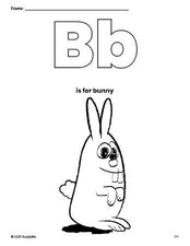 Free printable bunny coloring page, letter b coloring page for preschool, pre-k, and kindergarten, PDF