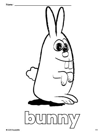 Free printable bunny coloring page for preschool, pre-k, and kindergarten, PDF