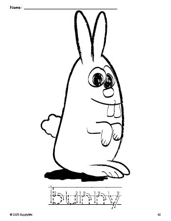 Free printable bunny coloring page and word tracing worksheet, letter formation guides, perfect for preschool, pre-k, and kindergarten, PDF