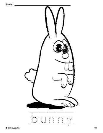 Free printable bunny coloring page and word tracing worksheet, perfect for preschool, pre-k, and kindergarten, PDF