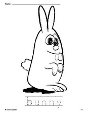 Free printable bunny coloring page and word tracing worksheet, perfect for preschool, pre-k, and kindergarten, PDF