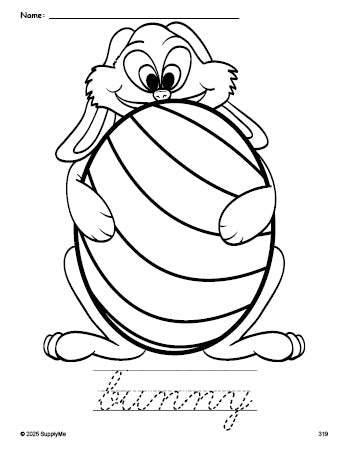 Free printable bunny Easter coloring page and cursive word tracing worksheet, perfect for preschool, pre-k, and kindergarten, PDF