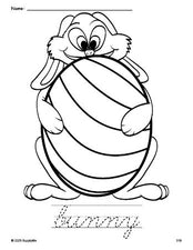 Free printable bunny Easter coloring page and cursive word tracing worksheet, perfect for preschool, pre-k, and kindergarten, PDF