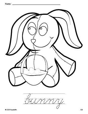 Free printable bunny Easter coloring page and cursive word tracing worksheet, perfect for preschool, pre-k, and kindergarten, PDF