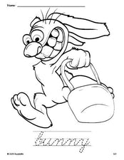 Free printable bunny Easter coloring page and cursive word tracing worksheet, perfect for preschool, pre-k, and kindergarten, PDF