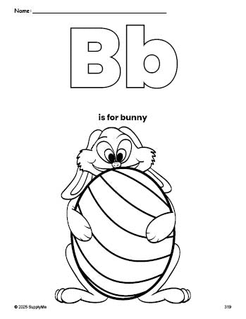 Free printable bunny Easter coloring page, letter b coloring page for preschool, pre-k, and kindergarten, PDF