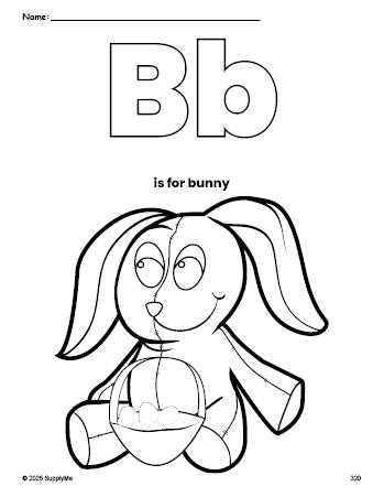 Free printable bunny Easter coloring page, letter b coloring page for preschool, pre-k, and kindergarten, PDF