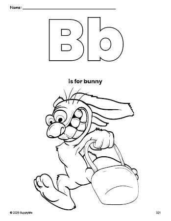 Free printable bunny Easter coloring page, letter b coloring page for preschool, pre-k, and kindergarten, PDF