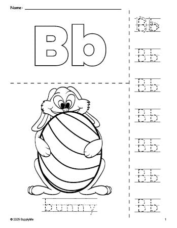 Free printable bunny Easter coloring page and letter tracing worksheet, letter b worksheet for preschool, pre-k, and kindergarten, PDF