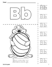 Free printable bunny Easter coloring page and letter tracing worksheet, letter b worksheet for preschool, pre-k, and kindergarten, PDF