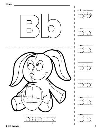 Free printable bunny Easter coloring page and letter tracing worksheet, letter b worksheet for preschool, pre-k, and kindergarten, PDF