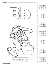 Free printable bunny Easter coloring page and letter tracing worksheet, letter b worksheet for preschool, pre-k, and kindergarten, PDF