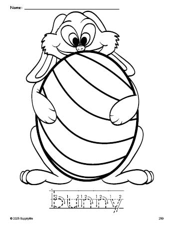 Free printable bunny Easter coloring page and word tracing worksheet, letter formation guides, perfect for preschool, pre-k, and kindergarten, PDF