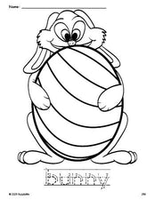 Free printable bunny Easter coloring page and word tracing worksheet, letter formation guides, perfect for preschool, pre-k, and kindergarten, PDF