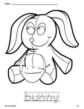 Free printable bunny Easter coloring page and word tracing worksheet, letter formation guides, perfect for preschool, pre-k, and kindergarten, PDF