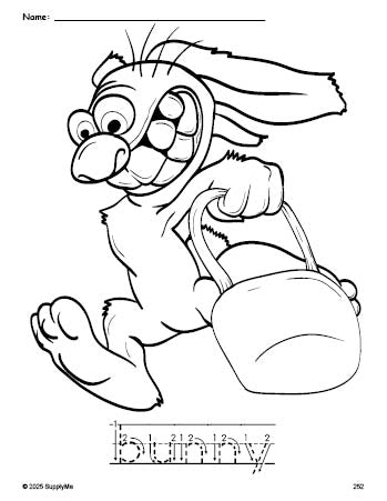 Free printable bunny Easter coloring page and word tracing worksheet, letter formation guides, perfect for preschool, pre-k, and kindergarten, PDF