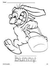 Free printable bunny Easter coloring page and word tracing worksheet, letter formation guides, perfect for preschool, pre-k, and kindergarten, PDF