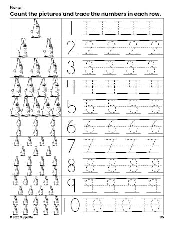 Free printable bunny counting worksheet for preschool and pre-k with number tracing practice 1-10, PDF