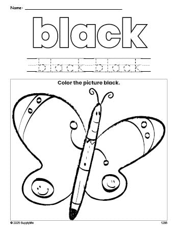 Free butterfly color black coloring page and color worksheet, black worksheet for preschoolers to learn colors, printable PDF