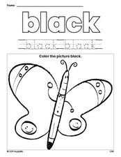 Free butterfly color black coloring page and color worksheet, black worksheet for preschoolers to learn colors, printable PDF