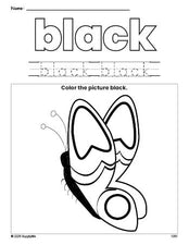 Free butterfly color black coloring page and color worksheet, black worksheet for preschoolers to learn colors, printable PDF