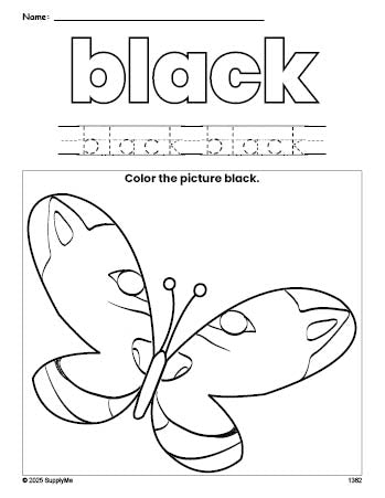 Free butterfly color black coloring page and color worksheet, black worksheet for preschoolers to learn colors, printable PDF