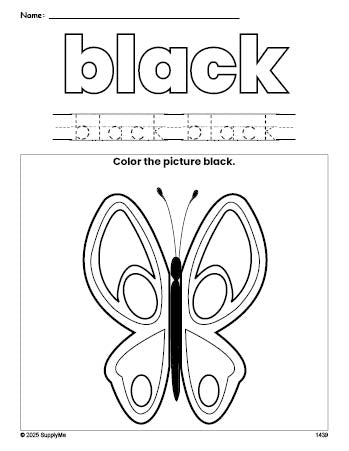 Free butterfly color black coloring page and color worksheet, black worksheet for preschoolers to learn colors, printable PDF