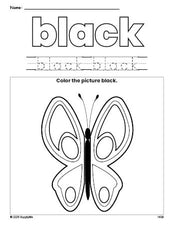 Free butterfly color black coloring page and color worksheet, black worksheet for preschoolers to learn colors, printable PDF