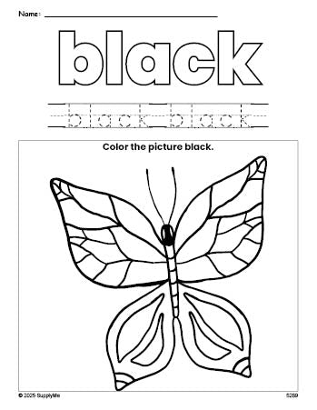 Free butterfly color black coloring page and color worksheet, black worksheet for preschoolers to learn colors, printable PDF