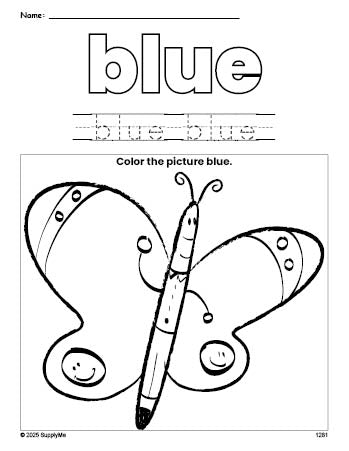 Free butterfly color blue coloring page and color worksheet, blue worksheet for preschoolers to learn colors, printable PDF