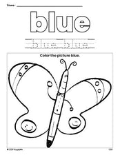 Free butterfly color blue coloring page and color worksheet, blue worksheet for preschoolers to learn colors, printable PDF