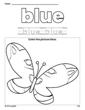 Free butterfly color blue coloring page and color worksheet, blue worksheet for preschoolers to learn colors, printable PDF