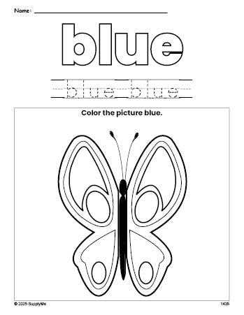 Free butterfly color blue coloring page and color worksheet, blue worksheet for preschoolers to learn colors, printable PDF