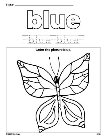 Free butterfly color blue coloring page and color worksheet, blue worksheet for preschoolers to learn colors, printable PDF