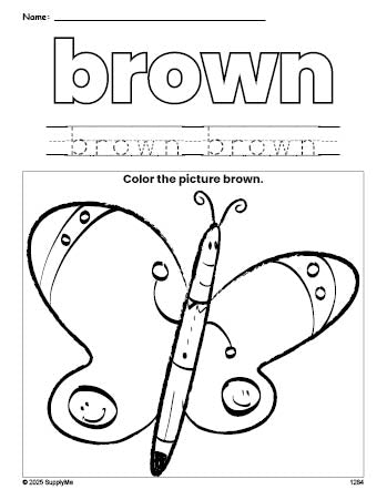 Free butterfly color brown coloring page and color worksheet, brown worksheet for preschoolers to learn colors, printable PDF