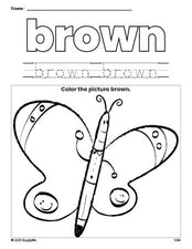 Free butterfly color brown coloring page and color worksheet, brown worksheet for preschoolers to learn colors, printable PDF