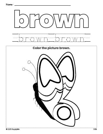 Free butterfly color brown coloring page and color worksheet, brown worksheet for preschoolers to learn colors, printable PDF