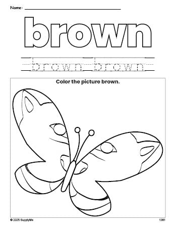 Free butterfly color brown coloring page and color worksheet, brown worksheet for preschoolers to learn colors, printable PDF