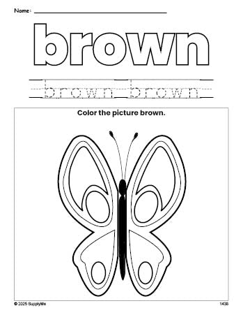 Free butterfly color brown coloring page and color worksheet, brown worksheet for preschoolers to learn colors, printable PDF