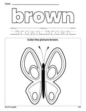 Free butterfly color brown coloring page and color worksheet, brown worksheet for preschoolers to learn colors, printable PDF