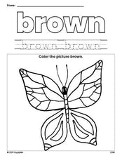 Free butterfly color brown coloring page and color worksheet, brown worksheet for preschoolers to learn colors, printable PDF