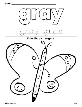 Free butterfly color gray coloring page and color worksheet, gray worksheet for preschoolers to learn colors, printable PDF